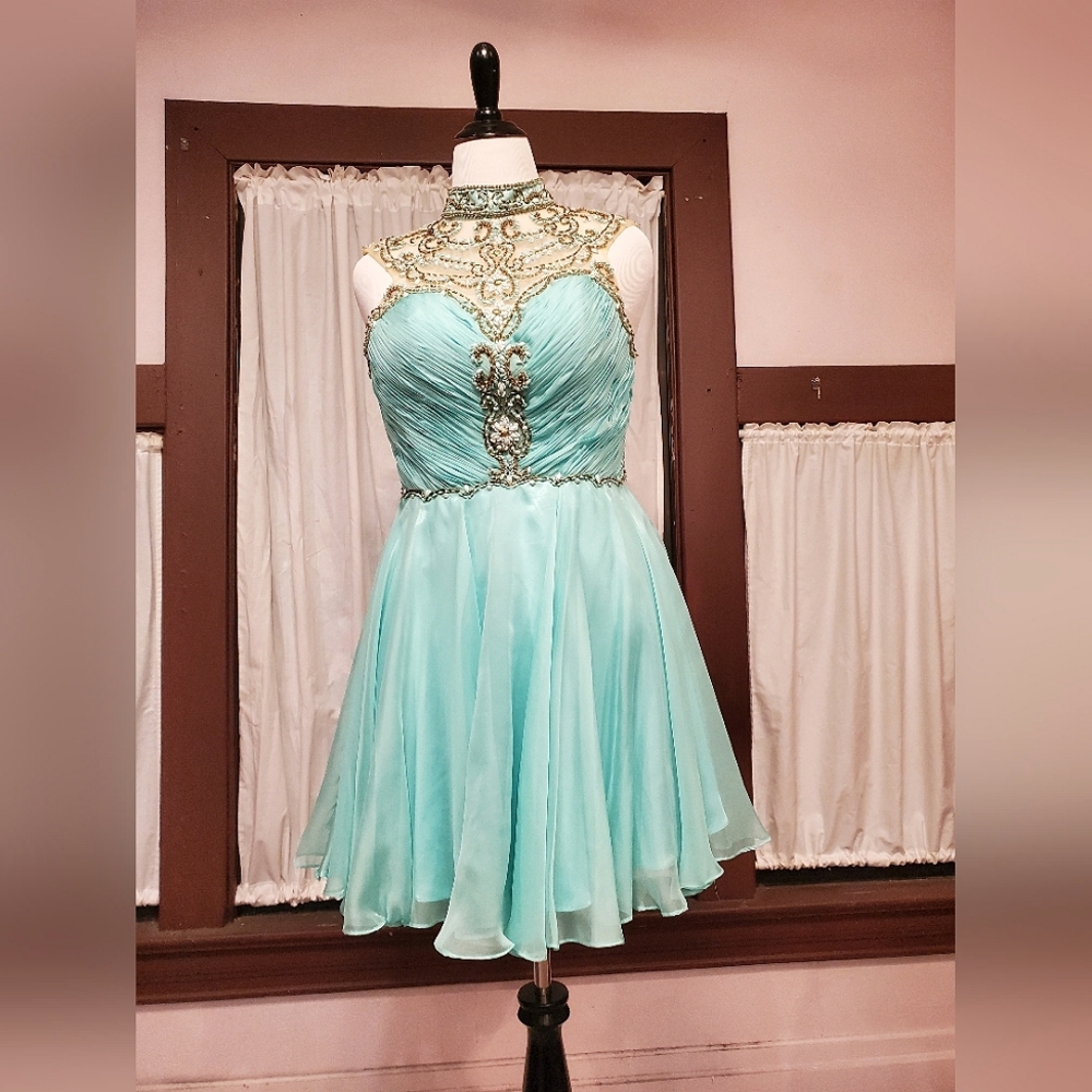 Aqua & Sheer Beaded Neck Shortie